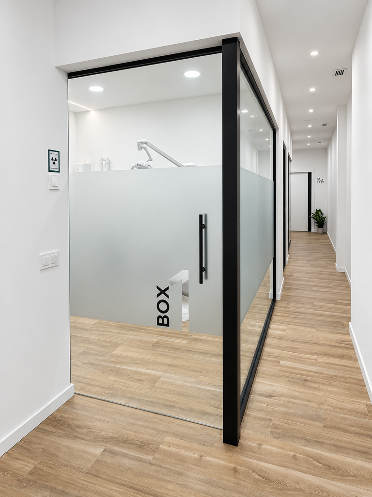 Box de clínica dental con puerta de cristal y vinilo esmerilado – divisiones para centros médicos