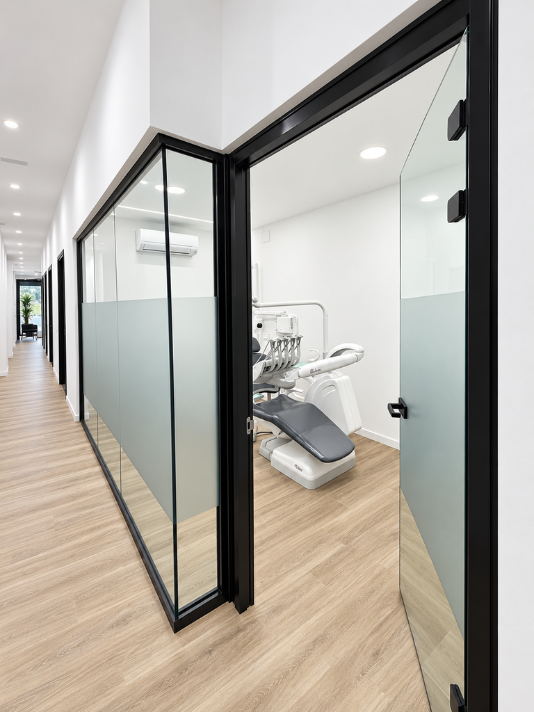 Boxes de clínica dental con mamparas de cristal junto al pasillo – proyecto Dental Pellejero