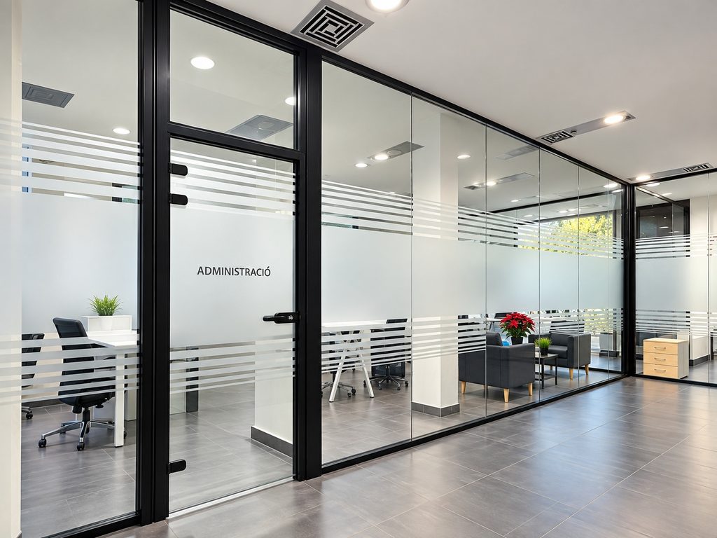 Mampara de vidrio con puerta en las instalaciones del Club Natació Catalunya, Barcelona