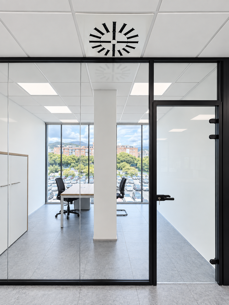 Despacho separado con mampara de cristal y puerta – proyecto Bellper en Castelldefels