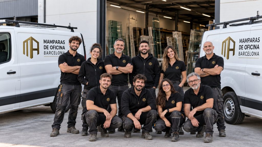Equipo de Mamparas de Oficina Barcelona en el taller de Sabadell