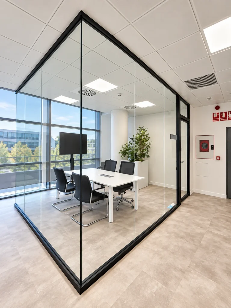 Mampara de cristal con perfilería negra en sala de reuniones de oficina en Barcelona