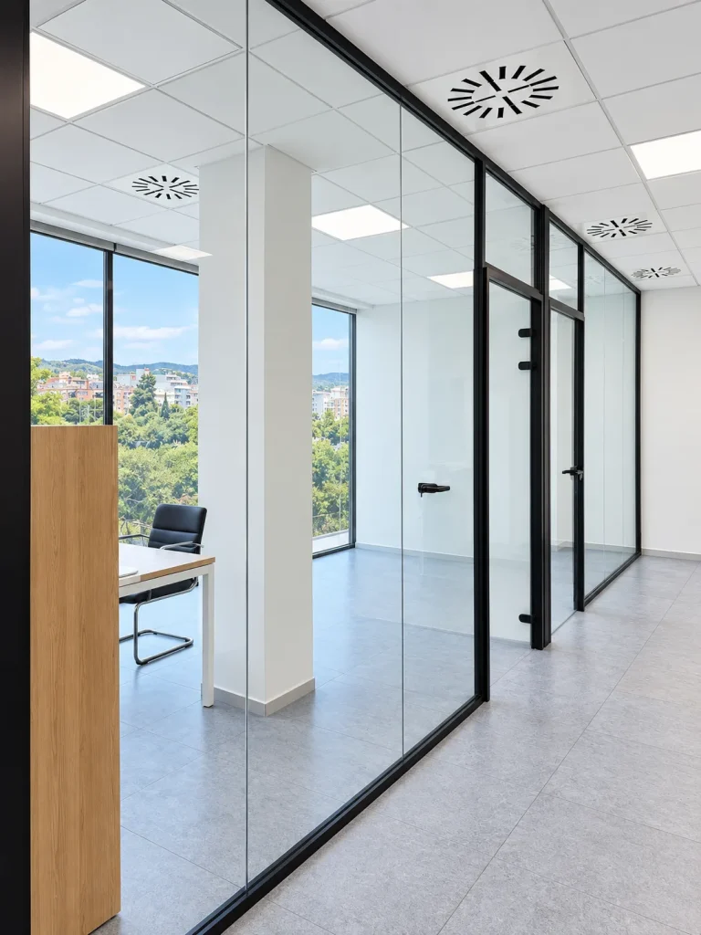 Pasillo con mamparas de vidrio que dejan pasar la luz natural entre oficinas – proyecto Bellper