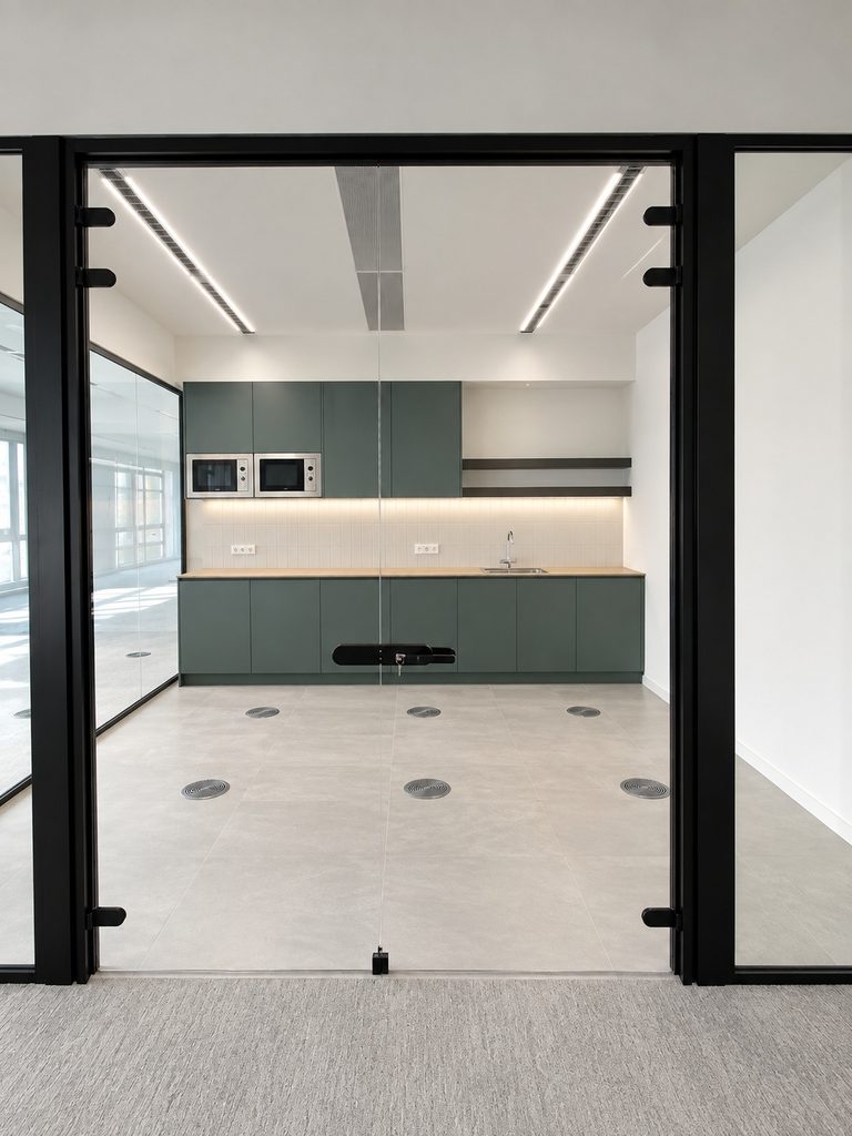 Puerta doble de cristal con perfil negro en el office de La Unión Metalúrgica